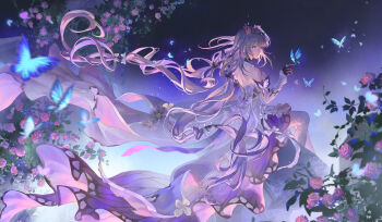 1girl absurdres animal_print bare_shoulders black_collar black_gloves blue_butterfly bow bright_pupils bug butterfly butterfly_hair_ornament butterfly_on_hand butterfly_print castorice_(honkai:_star_rail) chinese_commentary circlet coattails collar commentary_request cross-laced_pantyhose detached_collar detached_sleeves dress feet_out_of_frame floating floating_clothes floating_hair flower frilled_collar frilled_sleeves frills gloves gradient_clothes gradient_dress hair_bow hair_flower hair_ornament hei_yu highres honkai:_star_rail honkai_(series) insect invisible_chair light_particles looking_at_animal low_twintails multi-tied_hair multiple_hair_bows pantyhose parted_lips pink_flower pink_rose print_dress purple_background purple_dress purple_eyes purple_flower purple_hair rose shoulder_blades sitting sleeves_past_wrists solo strapless strapless_dress twintails two-tone_dress white_bow white_dress white_pantyhose white_pupils white_sleeves