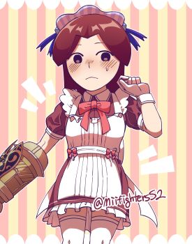 1girl absurdres alternate_costume apron arm_cannon blue_ribbon blush bow bowtie brown_dress brown_eyes brown_hair closed_mouth collared_dress commentary_request dress embarrassed enmaided feet_out_of_frame frilled_dress frills frown gauntlets gloves hand_up highres korean_commentary long_hair looking_at_viewer maid maid_apron maid_headdress mii_(nintendo) mii_gunner mii_gunner_(smash_4) miifighterss2 nintendo official_alternate_costume parted_bangs puffy_short_sleeves puffy_sleeves red_bow red_bowtie ribbon short_dress short_sleeves single_gauntlet solo standing striped_background sweatdrop thighhighs twitter_username weapon white_apron white_gloves white_thighhighs zettai_ryouiki