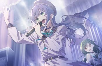 2girls :d arm_up bare_shoulders beret brown_eyes brown_hat cerise_bouquet clothing_cutout collarbone dream_believers dress floating_hair floodlights game_cg green_eyes green_hair green_ribbon hair_ornament hairclip hat highres holding holding_microphone in-universe_location indoors link!_like!_love_live! long_hair long_sleeves looking_at_another love_live! microphone multiple_girls music muted_color neck_ribbon non-web_source official_art ogami_sachi open_mouth otomune_kozue parallel_hairclips pink_dress pinstripe_ribbon purple_hair reflection_in_the_mirror_(love_live!) ribbon shoulder_cutout singing smile solo_focus speaker stage sweat v-shaped_eyebrows virtual_youtuber