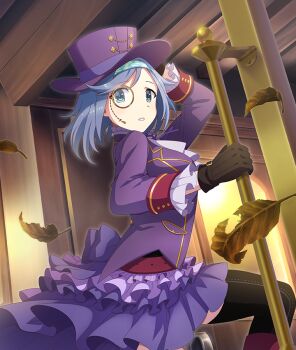 1girl aoto_hina aqua_eyes aqua_hairband black_thighhighs blue_hair boots breasts brown_gloves falling_leaves from_side game_cg gloves hairband hand_on_headwear hat jacket knee_boots layered_skirt leaf long_sleeves looking_to_the_side medium_breasts medium_hair monocle official_art parted_lips print_hairband purple_hat purple_jacket purple_skirt red_boots skirt solo teeth thighhighs third-party_source toji_no_miko toji_no_miko:_kizamishi_issen_no_tomoshibi top_hat uneven_footing victorian wind zettai_ryouiki