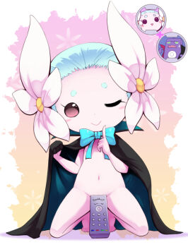 1girl aqua_hair blush cape controller female_focus flower full_body fusion hair_flower hair_ornament kneeling loli looking_at_viewer naked_cape navel netaballerina nollety nude one_eye_closed remote_control rimokonkakushi smile solo youkai_(youkai_watch) youkai_watch
