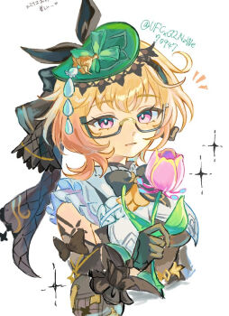 1girl black-framed_eyewear black_bow black_bowtie black_corset black_gloves blonde_hair bottle bow bowtie breast_curtain_lift breast_curtains commentary_request corset cowlick cross-laced_clothes cross-laced_corset detached_sleeves emilie_(genshin_impact) flower genshin_impact glasses gloves green_hat hat holding holding_flower nanase_sato oekaki paint_chat_(medium) perfume_bottle petals pink_eyes pink_flower pink_petals purple_shawl shawl smile tulip