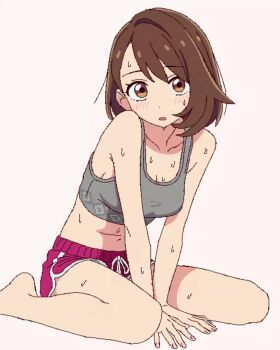 1girl animated bare_legs barefoot blush bob_cut breasts brown_eyes brown_hair commentary_request embarrassed exhausted fujichamo full_body gloria_(pokemon) grey_tank_top hands_on_ground highres leaning_forward looking_at_viewer midriff nervous_sweating nintendo open_mouth pokemon pokemon_sword_and_shield shiny_skin short_hair shorts sitting solo sportswear sweat sweatdrop tagme tank_top very_sweaty video wariza wiping_sweat