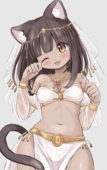 1girl absurdres ancient_egyptian ancient_egyptian_clothes animal_ear_fluff animal_ears bangle bare_shoulders blunt_bangs blush bra bracelet breasts bridal_veil cat_ears cat_tail commentary_request cowboy_shot dark-skinned_female dark_skin detached_sleeves fang gem grey_background hands_up head_tilt highres hitode brown_egyptian_cat-eared_loli_(trend) jewelry loincloth looking_at_viewer medium_breasts medium_hair navel one_eye_closed open_mouth original paid_reward_available simple_background smile solo stomach tail tareme underwear veil white_bra yellow_eyes
