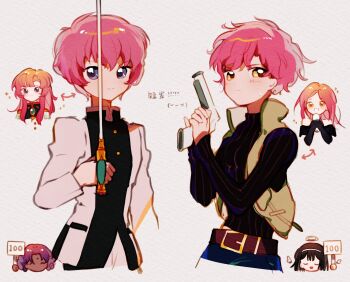 4girls alien_stage belt bindi black_hair black_shirt blue_eyes brown_belt chibi chibi_inset chinese_commentary chinese_text closed_eyes closed_mouth color_connection commentary cropped_legs green_vest gun hair_color_connection hairstyle_connection halo highres himemiya_anthy holding holding_gun holding_microphone holding_sign holding_sword holding_weapon jacket long_hair long_sleeves looking_at_viewer microphone mini_wings mizi_(alien_stage) multiple_girls purple_hair shirt short_hair shoujo_kakumei_utena shoujo_kakumei_utena_adolescence_mokushiroku sign smile sua_(alien_stage) sword sword_of_dios tenjou_utena trait_connection translated very_short_hair vest vojaganto weapon white_jacket wings yellow_eyes