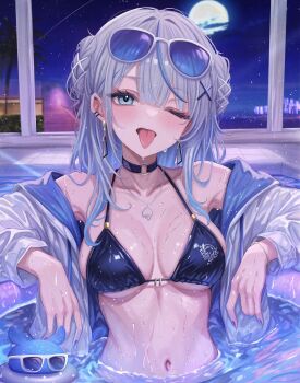 1girl ;p amagai_ruka bikini black_bikini black_choker blue-tinted_eyewear blue_eyes blue_hair blue_sky blush bracelet breasts choker city collarbone dolphin_necklace dolphin_ornament ear_piercing earrings eyelashes eyewear_on_head fingernails full_moon grey-framed_eyewear grey_hair hair_ornament hairclip highres hood hoodie jewelry long_hair long_sleeves looking_at_viewer moon multicolored_hair nail_polish navel necklace night o-ring o-ring_choker one_eye_closed open_clothes open_hoodie open_mouth palm_tree piercing pool purple_nails sa-ya2 sky solo star_(sky) starry_sky stomach streaked_hair sunglasses swimsuit tinted_eyewear tongue tongue_out tree triangle_earrings two-tone_hair virtual_youtuber weather_planet white_hoodie