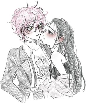 2girls alien_stage black_hair collared_shirt commentary dress earrings english_commentary glasses jacket jewelry long_hair mizi_(alien_stage) multiple_girls off_shoulder official_alternate_costume official_alternate_hair_length official_alternate_hairstyle pearl_earrings pearl_hairband pink_hair purple_eyes shirt short_hair signature sjiaa sleeveless sleeveless_dress sphere_earrings sua_(alien_stage) suit_jacket very_short_hair yellow_eyes yuri