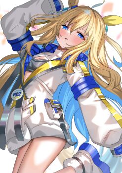 1girl absurdres ahoge ame_sagari animal_ears bandeau black_bandeau blonde_hair blue_eyes blue_hair blush boots breasts coat colored_inner_hair commentary_request ear_covers hair_between_eyes hair_ornament highres horse_ears horse_girl horse_tail jacket long_hair long_sleeves looking_at_viewer multicolored_hair neo_universe_(umamusume) neo_universe_(universe-naut)_(umamusume) parted_lips single_ear_cover sleeves_past_fingers sleeves_past_wrists small_breasts solo tail two-tone_hair two-tone_tail umamusume white_boots white_coat