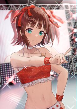 1girl absurdres amami_haruka bare_shoulders blush breasts brown_hair choker closed_mouth collarbone commentary_request commission cool_&amp;_sexy_(idolmaster) crop_top cross cross_necklace fingernails green_eyes hair_ribbon highres idol idolmaster idolmaster_(classic) idolmaster_1 jewelry midriff mochiko_(uyu_omochi) navel necklace outstretched_arm pixiv_commission pointing red_ribbon red_sequin_(idolmaster) ribbon short_hair smile solo sparkle stage stage_lights standing sweat upper_body white_choker wristband