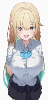 1girl absurdres aizawa_ema arms_behind_back blonde_hair blue_eyes blue_ribbon blush gradient_hair green_hair hair_ornament hairpin highres multicolored_hair nameles80707381 open_mouth ribbon school_uniform simple_background skirt sleeves_rolled_up solo two-tone_hair virtual_youtuber vspo! white_background