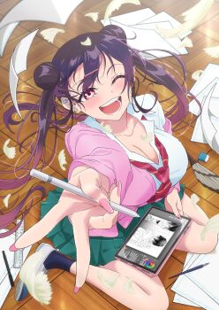 1girl ;d anime_coloring black_socks breasts brown_eyes brown_hair cardigan cleavage collared_shirt double_bun falling_paper green_skirt gyaru_v hair_bun hair_ornament hairclip highres holding holding_stylus holding_tablet_pc kakunaru_ue_wa large_breasts long_hair miyamoto_niina necktie official_art on_floor one_eye_closed open_mouth pen pink_cardigan pink_nails pleated_skirt red_necktie ruler school_uniform shirt shoes sitting skirt smile socks solo stylus tablet_pc twintails uwabaki v wariza white_shirt
