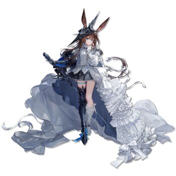 Rule 34 | 1girl, :o, adjusting clothes, adjusting collar, amiya (arknights), amiya (guard) (arknights), amiya (guard) (in a myriad of universes) (arknights), animal ears, arknights, armor, armored dress, asymmetrical legwear, belt, black bow, black skirt, blue bow, blue collar, blue eyes, boots, bow, bracelet, brown hair, collar, crescent, cuisses, dress, earrings, eight-pointed star, footwear bow, frilled dress, frills, full body, gauntlets, greaves, hair ribbon, helmet, highres, holding, holding sword, holding weapon, infection monitor (arknights), jewelry, knee boots, layered skirt, long dress, long hair, long sidelocks, looking at viewer, mismatched legwear, multiple rings, necklace, official alternate costume, official art, open mouth, overskirt, pauldrons, pleated skirt, rabbit ears, rabbit girl, ribbon, ring, sabaton, shoulder armor, sidelocks, silver belt, silver bracelet, silver necklace, simple background, single armored boot, single couter, single earring, single gauntlet, single greave, single pauldron, single vambrace, skirt, solo, standing, star (symbol), star earrings, sword, thigh strap, third-party source, tilted headwear, transparent background, vambraces, weapon, white boots, white bow, white dress, white ribbon, white skirt, yyb