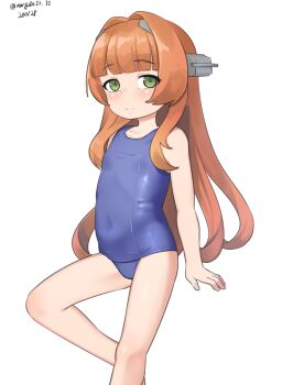 1girl absurdres aged_down blue_one-piece_swimsuit blunt_bangs brown_hair covered_navel dated flat_chest green_eyes headgear helena_(kancolle) highres kantai_collection loli long_hair maru_(marg0613) old_school_swimsuit one-hour_drawing_challenge one-piece_swimsuit school_swimsuit simple_background solo swimsuit twitter_username white_background
