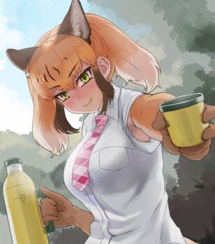 Rule 34 | 1girl, animal ears, blush, bottle, cat ears, cat girl, cup, elbow gloves, extra ears, gloves, highres, holding, holding bottle, holding cup, kemono friends, kemono friends 3, long hair, looking at viewer, necktie, orange hair, outdoors, puma (kemono friends), shirt, solo, toriny, upper body, white shirt, yellow eyes