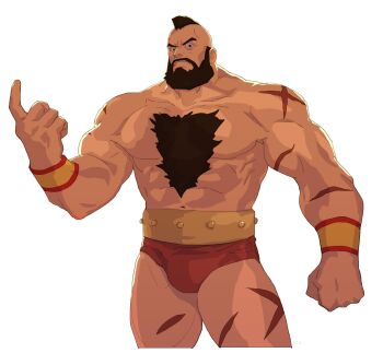 1boy af_cf beard belt black_hair chest_hair clenched_hand cowboy_shot facial_hair furrowed_brow gold_belt highres looking_at_viewer male_focus male_underwear mohawk muscular muscular_male pointing red_male_underwear scar scar_on_arm scar_on_leg solo street_fighter street_fighter_ii_(series) strongman_waist topless_male underwear upper_body white_background wrestling_outfit wristband zangief