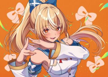 Rule 34 | 1girl, blonde hair, blue bow, blue sailor collar, bow, bowtie, breasts, chameleon (chameleon0613), cleavage cutout, clothing cutout, commentary, dark-skinned female, dark elf, dark skin, detached sleeves, elf, hair bow, hololive, long hair, long sleeves, looking at viewer, medium breasts, multicolored hair, open mouth, orange background, orange eyes, own hands together, pointy ears, ponytail, red bow, red bowtie, sailor collar, shiranui flare, shiranui flare (1st costume), sidelocks, smile, solo, streaked hair, two-tone hair, upper body, virtual youtuber, white bow, white hair, white sleeves