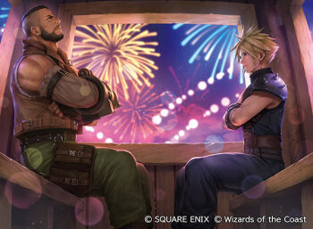2boys aerial_fireworks arm_cannon armor bare_shoulders barret_wallace beard belt black_gloves black_hair blonde_hair blue_eyes blue_pants brown_belt brown_vest cloud_strife commentary copyright_notice crossed_arms dark-skinned_male dark_skin facial_hair facial_scar ferris_wheel_interior final_fantasy final_fantasy_vii final_fantasy_vii_remake fingerless_gloves fireworks fuji_q gatling_gun gloves gold_saucer gondola green_pants looking_at_another looking_up magic:_the_gathering male_focus multiple_belts multiple_boys official_art pants pauldrons pouch scar scar_on_cheek scar_on_face short_hair shoulder_armor single_pauldron sitting sleeveless sleeveless_turtleneck spiked_hair square_enix suspenders thigh_pouch turtleneck variant_set very_short_hair vest weapon