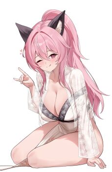 Rule 34 | 1girl, animal ear fluff, animal ears, arm support, blush, breasts, cleavage, closed mouth, collarbone, commentary request, commission, dress, floral print, floral print sleeves, fox girl, fox shadow puppet, fox tail, hair between eyes, hand up, heart, highres, korean commentary, large breasts, licking lips, light smile, long hair, looking at viewer, lunacle, multicolored hair, one eye closed, original, pelvic curtain, pink eyes, pink hair, second-party source, see-through clothes, see-through sleeves, sia (piiru), simple background, sitting, solo, streaked hair, tail, thighs, tongue, tongue out, very long hair, white background, white dress, white streaks