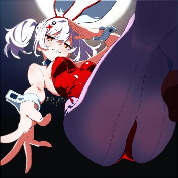 1girl artist_name artist_request leotard original playboy_bunny red_leotard second-party_source solo white_hair wrist_cuffs