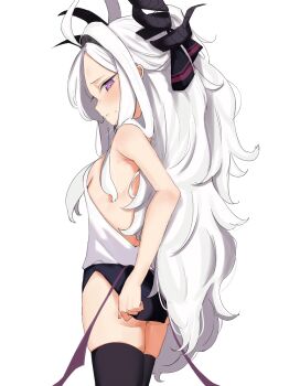 1girl absurdres ahoge ass bare_shoulders black_horns black_thighhighs blue_archive blush breasts covering_ass covering_privates demon_girl demon_horns demon_wings hair_over_shoulder half-closed_eyes highres hina_(blue_archive) horns huge_ahoge loli long_hair looking_at_viewer low_wings miniskirt multiple_horns no_halo purple_eyes purple_wings showtime775 sideboob simple_background skirt small_breasts solo standing sweatdrop thighhighs thighs very_long_hair wavy_hair white_background white_hair wings zettai_ryouiki