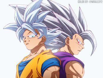 2boys back-to-back blue_eyes dragon_ball dragon_ball_super father_and_son gohan_beast happy highres looking_at_viewer multiple_boys muscular muscular_male red_eyes smile son_gohan son_goku toyotarou ultra_instinct white_hair