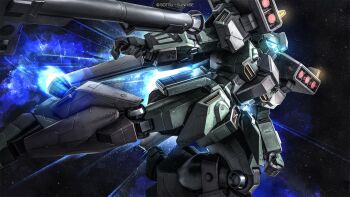 bazooka_(gundam) blue_visor copyright_notice earth_federation_space_forces gundam gundam_battle_operation_2 gundam_unicorn highres jegan machinery mecha mecha_focus missile_pod mobile_suit nebula painting_(medium) realistic robot scan science_fiction space star_(sky) stark_jegan sunrise_(company) tenjin_hidetaka thrusters traditional_media