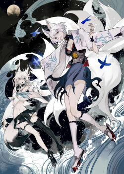2girls animal_ears azur_lane black_thighhighs blue_dress breasts cleavage commentary_request dress fox_ears fox_girl fox_tail hololive kaga_(azur_lane) kaifei_(kaifei_29) moon multiple_girls navel open_mouth shirakami_fubuki short_hair socks star_(sky) tail thighhighs virtual_youtuber water white_hair white_socks