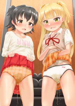 2girls absurdres akagi_miria black_hair blonde_hair brown_cardigan cardigan clothes_lift collarbone highres idolmaster idolmaster_cinderella_girls indoors jougasaki_rika loli long_hair looking_at_viewer multiple_girls naka_ushiro orange_skirt panties pee peeing peeing_self peeing_together plaid_clothes plaid_skirt pleated_skirt red_skirt shirt short_hair short_twintails skirt skirt_lift standing sweatdrop tearing_up tears thighs twintails underwear white_shirt
