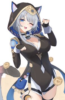 1girl absurdres animal_ear_fluff animal_ears animal_hood belt_buckle blue_eyes blue_hair bow braid breasts buckle cat_ears cat_girl cat_hood cat_tail charm_(object) choker cipher_(honkai:_star_rail) cleavage coin commentary_request cowboy_shot crescent fang fingerless_gloves gloves grey_hair hair_bow highres honkai:_star_rail honkai_(series) hood kirisame_oreo large_breasts leotard mole mole_on_breast one_eye_closed pouch shirt simple_background solo tail teeth thighs upper_teeth_only white_shirt white_streaks yellow_nails