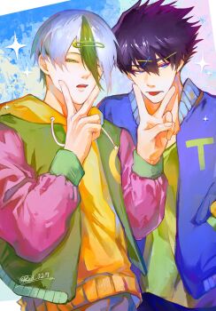 Rule 34 | 2boys, black hair, blue lock, commentary, green eyes, green streaks, hair ornament, hairclip, highres, hood, hood down, hoodie, jacket, jacket over hoodie, karasu tabito, letterman jacket, male focus, multicolored jacket, multiple boys, open mouth, otoya eita, pink sleeves, red 0217, short hair, tongue, tongue out, twitter username, two-tone jacket, untranslatable commentary, upper body, v, white hair, x hair ornament, yellow hoodie