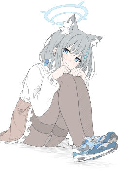 1girl absurdres alternate_costume animal_ear_fluff animal_ears black_pantyhose blue_archive blue_eyes blue_halo blue_shoes brown_skirt clenched_hands closed_mouth commentary cross cross_hair_ornament full_body grey_hair hair_bobbles hair_ornament halo hands_on_own_knees highres inverted_cross knees_up long_sleeves looking_at_viewer md5_mismatch mismatched_pupils nike_(company) pantyhose puffy_long_sleeves puffy_sleeves resolution_mismatch shiroko_(blue_archive) shirt shirt_tucked_in shoes simple_background sitting skirt smile solo source_larger untranslatable_commentary t1kosewad white_background white_shirt wolf_ears wolf_girl