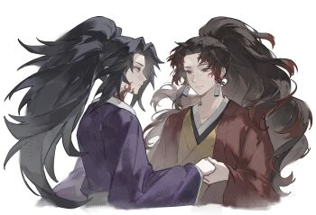 2boys black_hair brothers brown_hair closed_mouth collarbone commentary_request cropped_torso earrings eye_contact facial_mark forehead_mark highres holding_hands huz_(a1438758295) japanese_clothes jewelry kimetsu_no_yaiba kimono kokushibou long_hair long_sleeves looking_at_another male_focus multicolored_hair multiple_boys parted_bangs ponytail purple_kimono red_hair siblings simple_background smile tsugikuni_yoriichi twins two-tone_hair white_background wide_sleeves