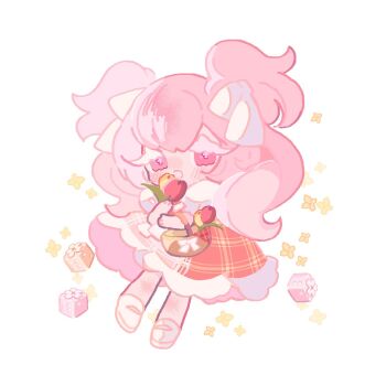 1girl :d basket big_hair blush bow cherry_blossom_cookie cherry_blossom_cookie_(picnic_season) chibi chibi_only colored_eyelashes commentary cookie_run cookie_run:_kingdom dice elbow_carry flower full_body fur-trimmed_skirt fur_trim hair_between_eyes hair_bow holding holding_basket holding_flower humanization long_hair mary_janes medium_skirt official_alternate_costume official_alternate_hairstyle open_mouth pigeon-toed pink_eyes pink_hair plaid_clothes plaid_skirt red_flower red_skirt red_tulip reed shirt shoes short_sleeves simple_background skirt smile solo symbol-only_commentary tulip two_side_up very_long_hair white_background white_bow white_eyelashes white_shirt white_shoes yellow_flower yellow_tulip