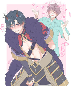 Rule 34 | !, !!, 2boys, :d, ^ ^, abs, absurdres, arm behind back, armor, artist name, behind another, belt buckle, black hair, black horns, black pants, black shawl, blue shirt, blush, border, buckle, buttons, cho kaguya-hime!, clenched teeth, closed eyes, collared shirt, commentary, cone horns, curtained hair, drawn ears, drawn tail, embarrassed, fur shawl, furrowed brow, grey eyes, hands up, happy, happy aura, heart, highres, horns, japanese armor, japanese clothes, jewelry, komazawa noi, kote, kurokote, kusazuri, leaning forward, male focus, mikado akira (cho kaguya-hime!), mikan (artist), multicolored horns, multiple boys, multiple necklaces, necklace, no shirt, nose blush, oni, open mouth, pants, pectorals, pink background, pink hair, raised eyebrow, red horns, red shrug, self cosplay, shawl, shirt, short hair, short sleeves, shoulder belt, shrug (clothing), small horns, smile, spoken exclamation mark, standing, sunburst, sweatdrop, teeth, two-tone horns, very short hair, white border, wide-eyed, wing collar