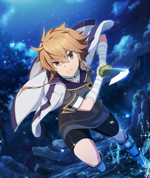 1girl bandaged_arm bandages bike_shorts black_shorts blue_sky boots brown_jacket clenched_teeth cloud dutch_angle game_cg holding holding_sword holding_weapon incoming_attack jacket jacket_on_shoulders katana looking_at_viewer nature night official_art open_clothes open_jacket orange_eyes orange_hair origami_family's_elite_guard_uniform red_pupils river running shidou_maki_(toji_no_miko) short_hair short_sleeves shorts sidelocks sky solo sparkle spiked_hair splashing star_(sky) starry_sky sword teeth third-party_source toji_no_miko toji_no_miko:_kizamishi_issen_no_tomoshibi tree water_drop weapon white_boots white_jacket