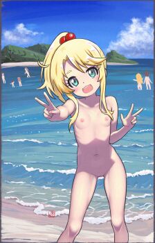 :3 absurdres beach blonde_hair blue_eyes blue_sky cloud collarbone day double_v elementary_(lolipope) feet_out_of_frame flat_chest hair_bobbles hair_ornament highres himesaka_noa loli long_hair looking_at_viewer multiple_girls navel nipples nude ocean open_mouth outdoors ponytail pussy sidelocks sky smile solo_focus standing uncensored v watashi_ni_tenshi_ga_maiorita! water