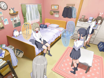 4girls :o absurdres ahoge analog_clock bag bed bedroom blush bow bowtie brown_hair chest_of_drawers clock closed_mouth commentary_request curtains grey_hair grey_skirt grey_socks highres indoors lemontyoisy_r18 long_hair long_sleeves medium_hair multiple_girls no_shoes on_bed open_mouth original pleated_skirt ponytail red_bow red_bowtie rug school_bag school_uniform shirt shirt_tucked_in short_hair sidelocks sitting skirt socks speech_bubble standing straight_hair stuffed_animal stuffed_toy sweat table translation_request white_shirt window