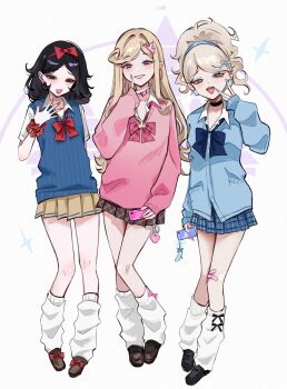 3girls alternate_costume alternate_universe aurora_(disney) black_hair blonde_hair blue_cardigan bow bowtie cardigan cellphone cellphone_charm charm_(object) cinderella_(disney_character) cinderella_(disney_movie) contemporary disney disney_princess fingernails gyaru highres leg_warmers long_fingernails miniskirt multiple_girls ompf open_collar phone pink_sweater pleated_skirt school_uniform scrunchie skirt sleeping_beauty_(disney) smartphone snow_white_(disney) snow_white_and_the_seven_dwarfs_(disney) sweater vest wrist_scrunchie