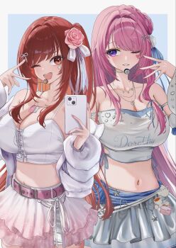 2girls bare_shoulders blush braid breasts cleavage collarbone commentary_request detached_sleeves dog_tags dorothy_(luna_light)_(nikke) dorothy_(nikke) earphones facial_mark flower goddess_of_victory:_nikke hair_bun hair_flower hair_ornament half_crown_braid headset heart heart_facial_mark heart_pendant highres holding holding_phone idol jacket jewelry large_breasts long_hair looking_at_viewer midriff multiple_girls navel necklace official_alternate_costume one_eye_closed phone pink_hair pink_skirt purple_eyes rapi_(nikke) rapi_(red_hood)_(nikke) rapi_(red_hood)_(shining_light)_(nikke) red_eyes red_hair ribbon selfie shupita silver_skirt simple_background single_side_bun skirt smile strapless tank_top tube_top very_long_hair white_background white_jacket white_tank_top white_tube_top