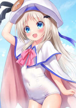 1girl :d bat_hair_ornament beret black_ribbon blonde_hair blue_eyes blue_ribbon blue_sky blush bow bowtie cape commentary_request covered_navel cowboy_shot eima fang flat_chest hair_ornament hand_on_headwear hand_up hat hat_ribbon highres little_busters! long_hair looking_at_viewer noumi_kudryavka one-piece_swimsuit open_mouth pink_bow pink_bowtie ribbon school_swimsuit skin_fang sky smile solo swimsuit two-sided_cape two-sided_fabric white_cape white_hat white_one-piece_swimsuit