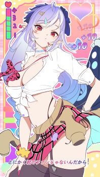 Rule 34 | 1girl, absurdres, alternate costume, bandaid, bandaid on face, black panties, black thighhighs, breasts, cleavage, commentary, drill hair, gyaru, highres, large breasts, long hair, looking at viewer, loose necktie, midriff, miniskirt, navel, necktie, panties, pink hair, pointy ears, red eyes, red nails, red skirt, shirt, skirt, solo, thighhighs, tied shirt, underwear, untranslatable commentary, vivian banshee, white shirt, yuyiosang, zenless zone zero