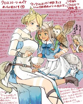 Rule 34 | 2girls, acta (octopath traveler), animal ear fluff, animal ears, baby animal, bird, blonde hair, blue eyes, blue shirt, bowl, breasts, castti florenz, commentary request, cosplay, costume switch, cross-laced slit, dark-skinned female, dark skin, dragon, dress, gladiator sandals, grey hair, highres, holding, holding bowl, invisible chair, large breasts, looking at viewer, mahina (octopath traveler), multiple girls, multiple views, ochette (octopath traveler), octopath traveler, octopath traveler ii, open mouth, owl, pouch, rico ot, sandals, shirt, sideless dress, sitting, skirt, tail, teeth, translation request, upper teeth only, white dress, white skirt