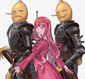 1girl 2boys adventure_time armor belt blush brown_belt colored_skin earl_of_lemongrab frown grin highres long_nose min_do-sik multiple_boys pink_eyes pink_hair pink_skin princess_bonnibel_bubblegum scabbard sheath simple_background slime_hair smile white_background