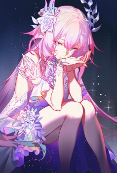 1girl absurdres armlet bare_shoulders breasts cherrymaru closed_mouth commentary cyrene_(honkai:_star_rail) cyrene_(ripples_of_past_reverie)_(honkai:_star_rail) dark_background dress english_commentary feet_out_of_frame flower hair_between_eyes hair_flower hair_ornament hands_up highres honkai:_star_rail honkai_(series) invisible_chair jewelry knees_together_feet_apart large_breasts long_hair looking_at_viewer medium_breasts pink_hair pointy_ears purple_eyes purple_flower sidelocks sitting smile solo thighs very_long_hair white_dress
