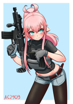 1girl absurdres ac2909 commentary english_commentary gloves gun hair_ornament highres long_hair military original pantyhose pink_hair simple_background smile tagme weapon