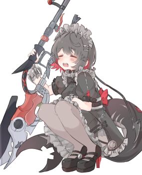 1girl black_dress black_hair black_pantyhose black_shoes breasts closed_eyes collar colored_inner_hair commentary_request dress ellen_joe fins fish_tail frilled_dress frilled_wrist_cuffs frills hair_ornament hairband hairclip high_heels highres holding holding_weapon maid maid_headdress medium_breasts metal_collar metal_hairband metal_wrist_cuffs mole mole_on_arm mole_under_eye multicolored_hair nail_polish nekonika_(e102k) open_mouth pantyhose puffy_short_sleeves puffy_sleeves red_hair red_nails scar scar_on_tail shark_tail sharp_teeth shoes short_dress short_hair short_sleeves simple_background solo spiked_collar spiked_hairband spikes squatting tail teeth weapon white_background wrist_cuffs x_hair_ornament zenless_zone_zero