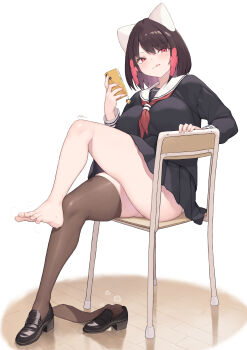 1girl :q absurdres black_serafuku black_shirt black_shoes black_skirt breasts brown_thighhighs cellphone chair cloba commentary crossed_legs dated highres holding holding_phone large_breasts loafers looking_at_viewer neckerchief on_chair original phone player_2_(cloba) red_neckerchief school_uniform serafuku shirt shoes short_hair signature simple_background single_bare_foot single_bare_leg single_thighhigh skirt solo thighhighs tongue tongue_out unworn_thighhighs white_background