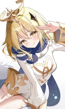 1girl absurdres blonde_hair closed_mouth cosplay dress genshin_impact hair_between_eyes hair_ornament halo hand_up highres kokonex long_sleeves looking_at_viewer lumine_(genshin_impact) paimon_(genshin_impact) paimon_(genshin_impact)_(cosplay) shadow short_hair simple_background single_thighhigh smile solo thighhighs tongue tongue_out white_background white_dress white_thighhighs yellow_eyes