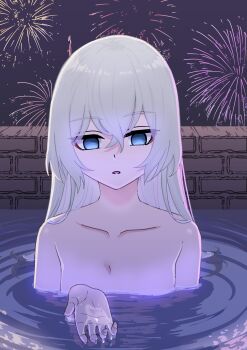 Rule 34 | 1girl, absurdres, bathing, bikeibikei, blue eyes, breasts, commentary request, completely nude, fireworks, highres, honkai (series), honkai impact 3rd, korean commentary, long hair, night, nude, parted lips, small breasts, solo, theresa apocalypse, very long hair, white hair, zhuge kongming (honkai impact)