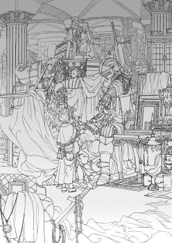 Rule 34 | 1boy, anastacia of astora, arm up, armor, bad id, bad pixiv id, book, book stack, boots, cabinet, carpet, ceiling, chair, chosen undead, claymore (sword), clock, column, dagger, dark souls (series), dark souls i, demon's souls, drop cloth, false king allant, gauntlets, greyscale, helm, helmet, highres, indoors, ishidah, jewelry, king allant, knife, knight, lineart, maiden in black, monochrome, necklace, old king allant, original, ornate, picture frame, pillar, planted, planted sword, planted weapon, plate armor, pocket watch, pouch, reaching, reaching towards viewer, robe, shelf, shield, size difference, staff, statue, storage room, sword, table, urn, vase, watch, weapon